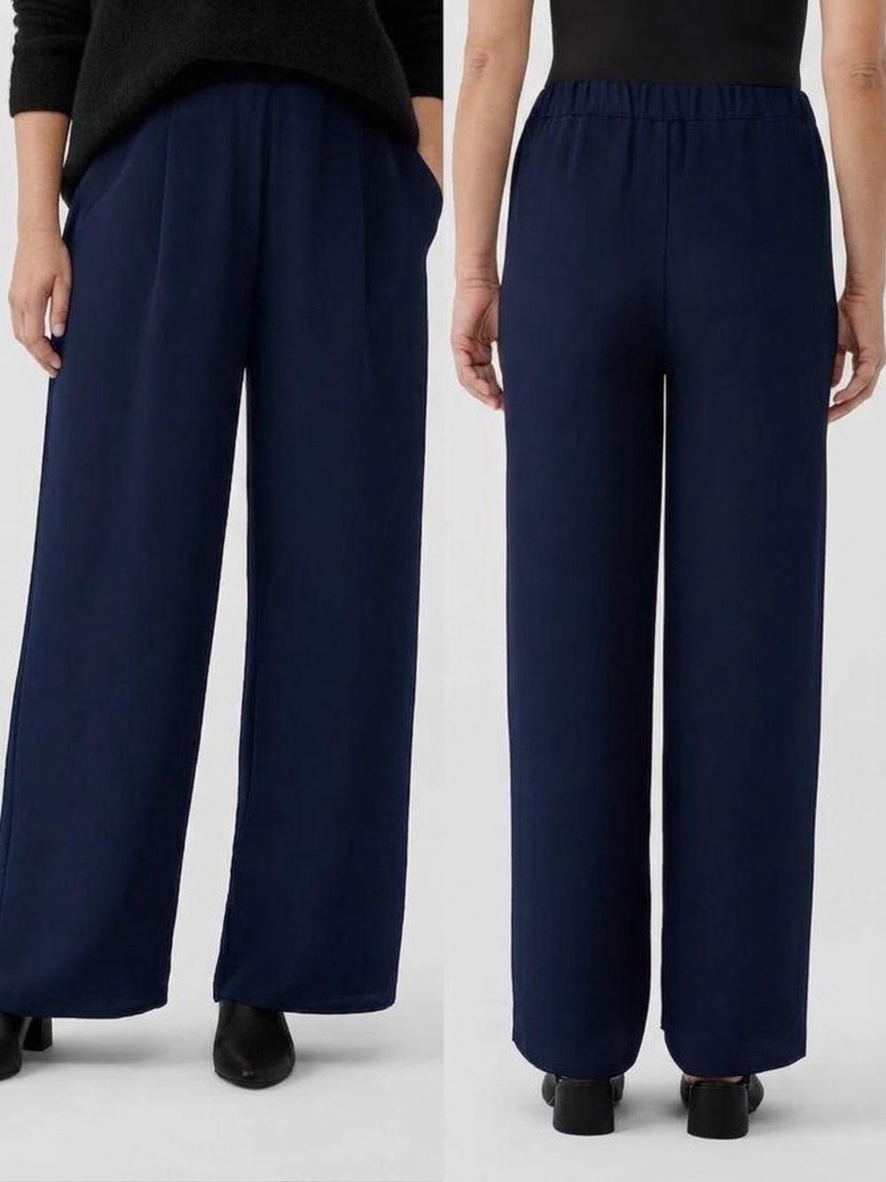 NWT Eileen Fisher Silk Double Crepe Wide Leg Pant Navy Blue Stretch Waist Sz M